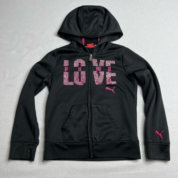 Puma Girls Small Black Pink Sparkle Rhinestone Zip Up Jacket Thumb Holes - Picture 1 of 13